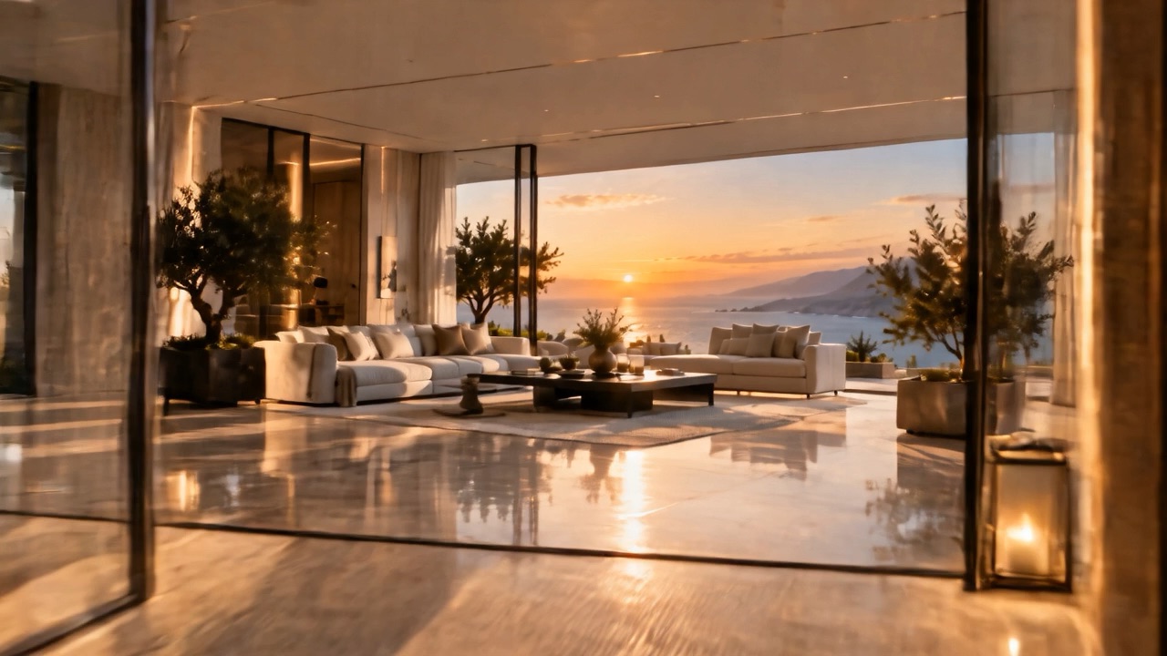 Residential living room opening to the terrace at golden hour